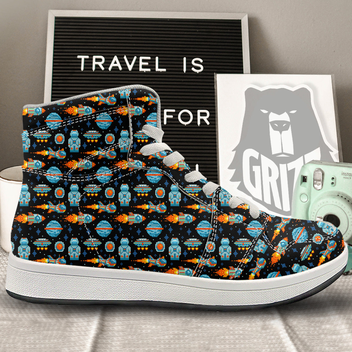 Pixel Art Space 8 Bit Print Pattern High Top Sneakers-grizzshop
