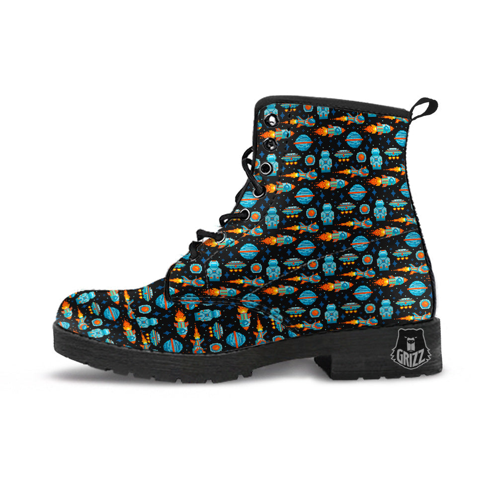 Pixel Art Space 8 Bit Print Pattern Leather Boots-grizzshop