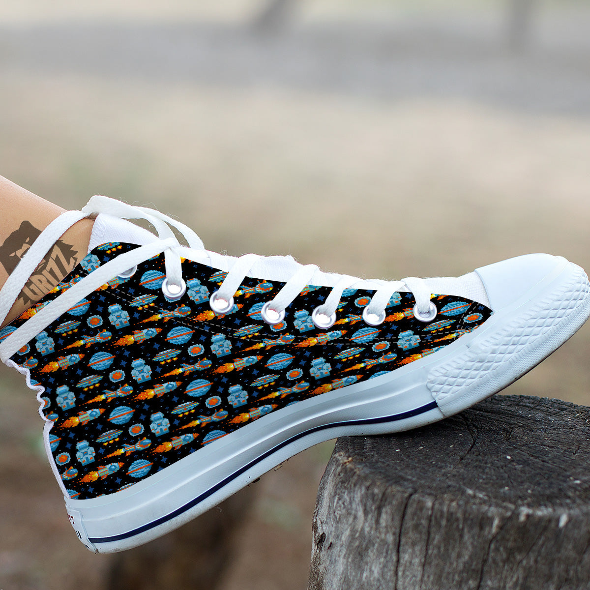 Pixel Art Space 8 Bit Print Pattern White High Top Shoes-grizzshop