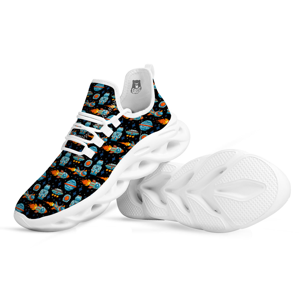 Pixel Art Space 8 Bit Print Pattern White Running Shoes-grizzshop
