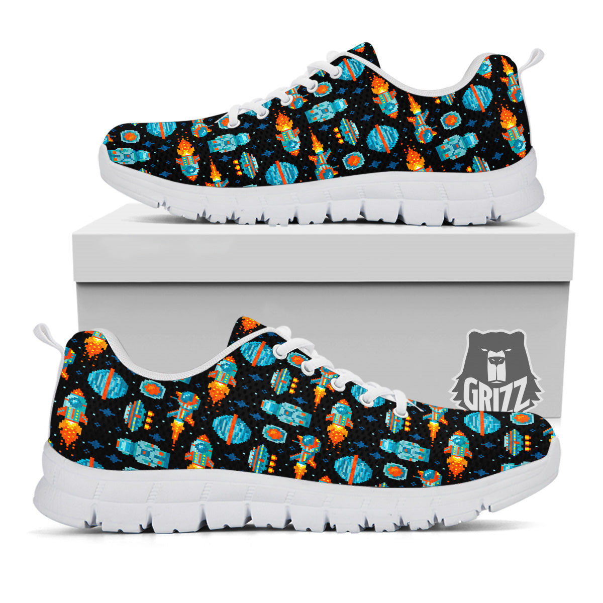 Pixel Art Space 8 Bit Print Pattern White Sneaker-grizzshop