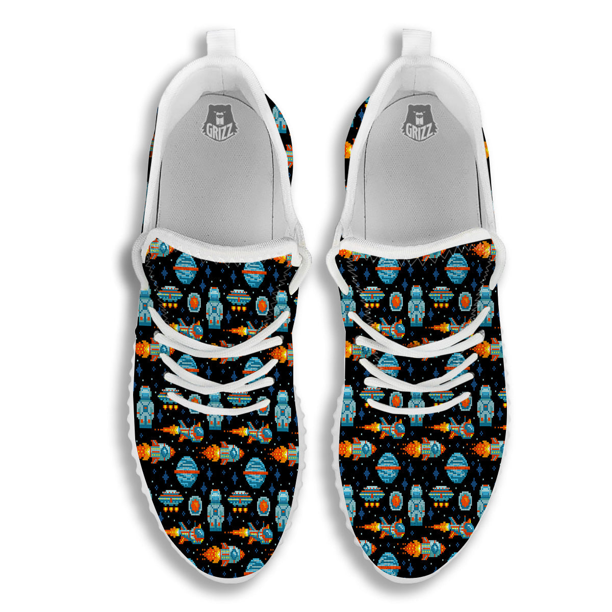 Pixel Art Space 8 Bit Print Pattern White Walking Shoes-grizzshop