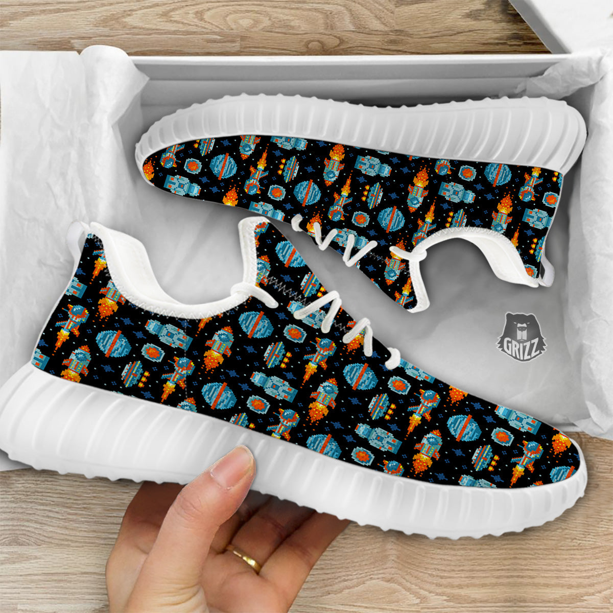 Pixel Art Space 8 Bit Print Pattern White Walking Shoes-grizzshop
