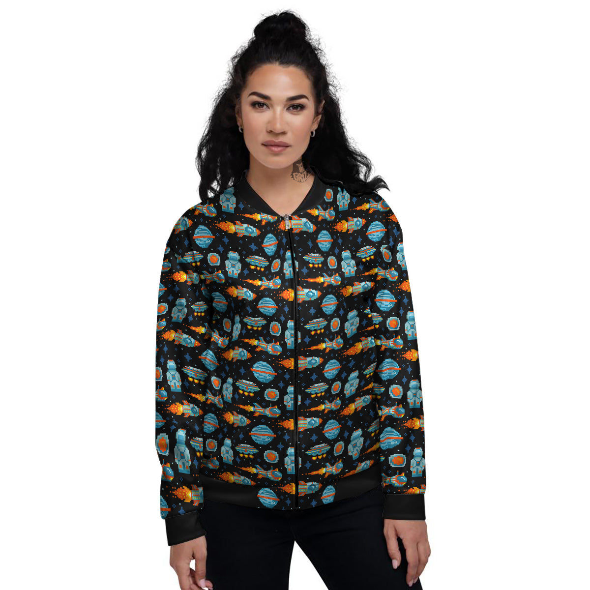 Pixel Art Space 8 Bit Print Pattern Women's Bomber Jacket-grizzshop