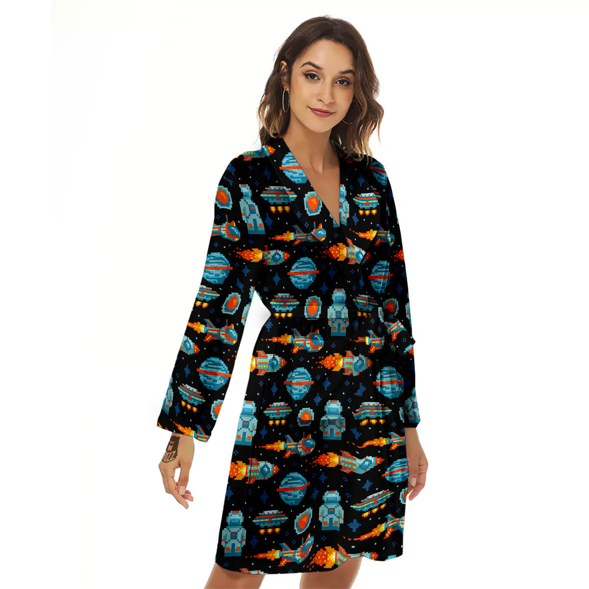 Pixel Art Space 8 Bit Print Pattern Women's Robe-grizzshop