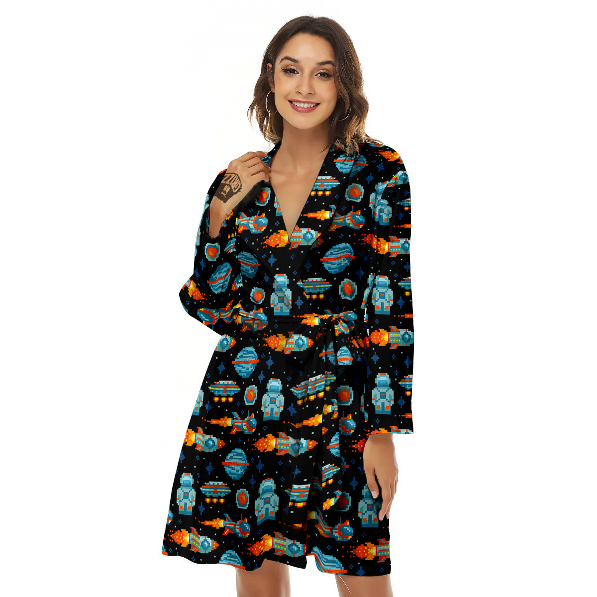 Pixel Art Space 8 Bit Print Pattern Women's Robe-grizzshop