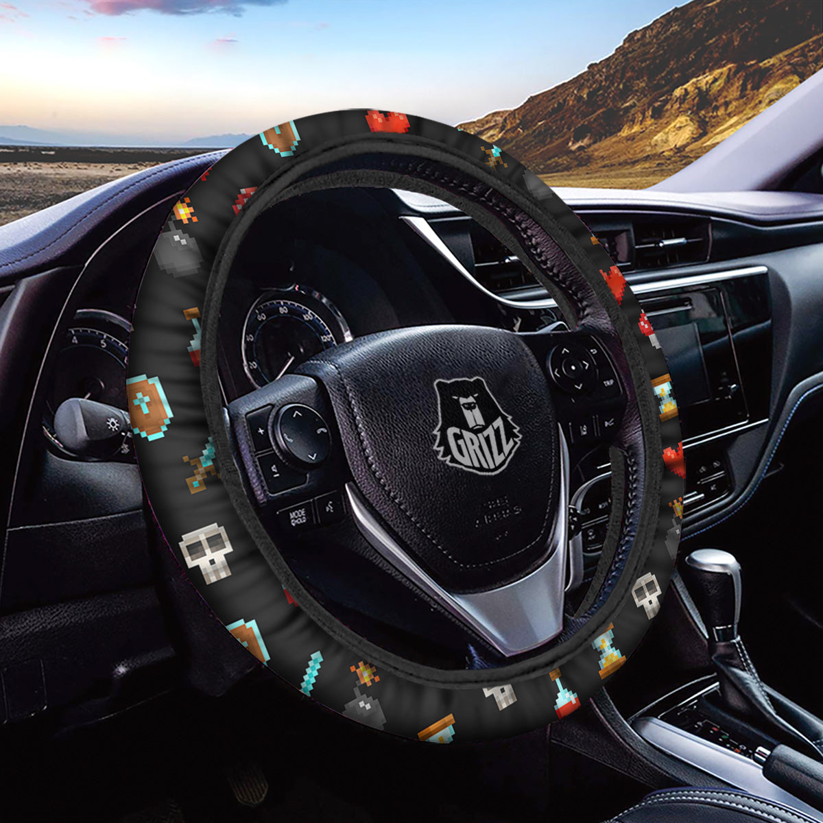 Pixel Graphics Game Icons Print Pattern Car Steering Wheel Cover-grizzshop