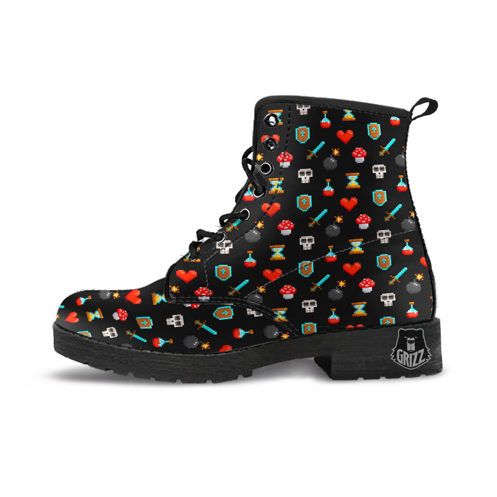 Pixel Graphics Game Icons Print Pattern Leather Boots-grizzshop