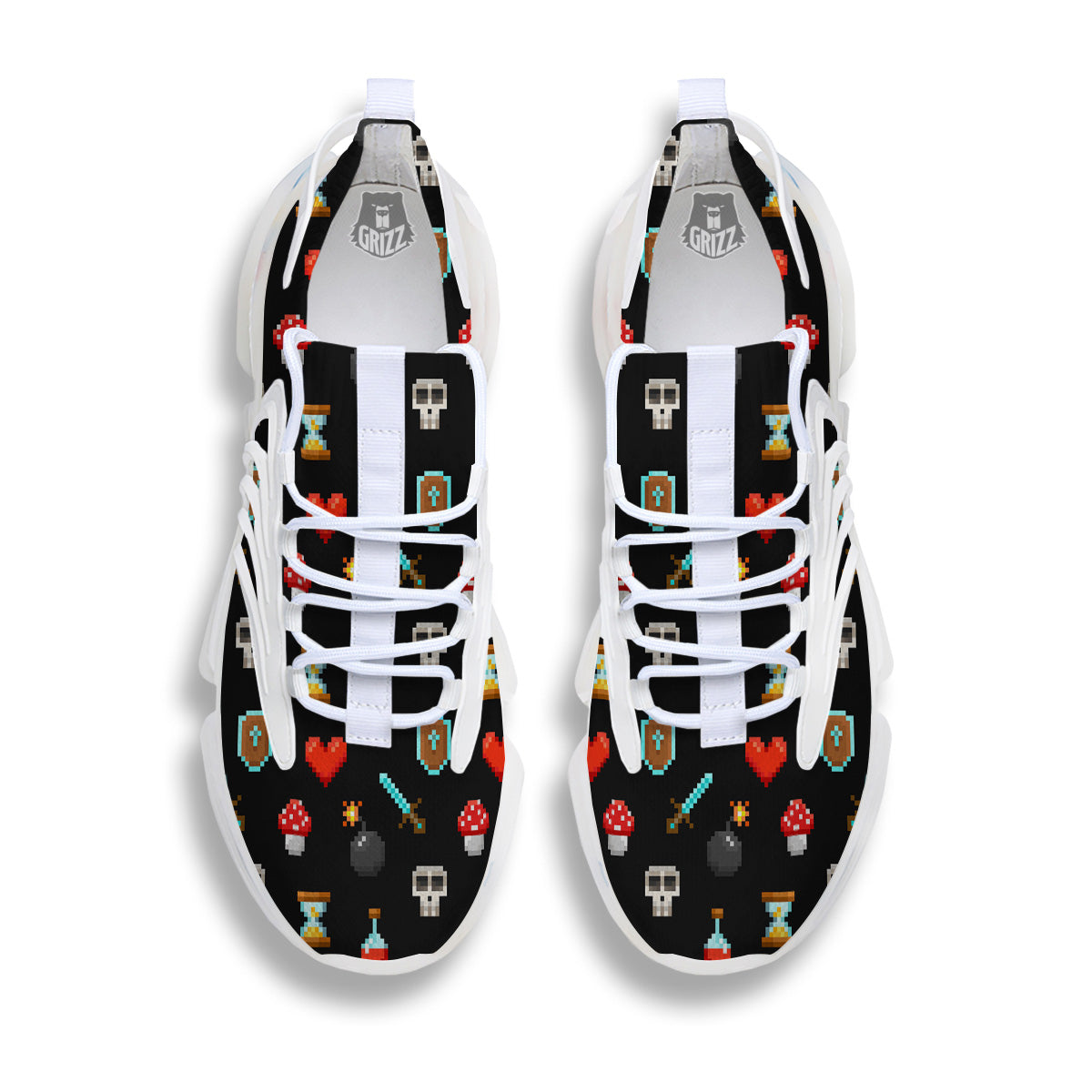 Pixel Graphics Game Icons Print Pattern White Gym Shoes-grizzshop