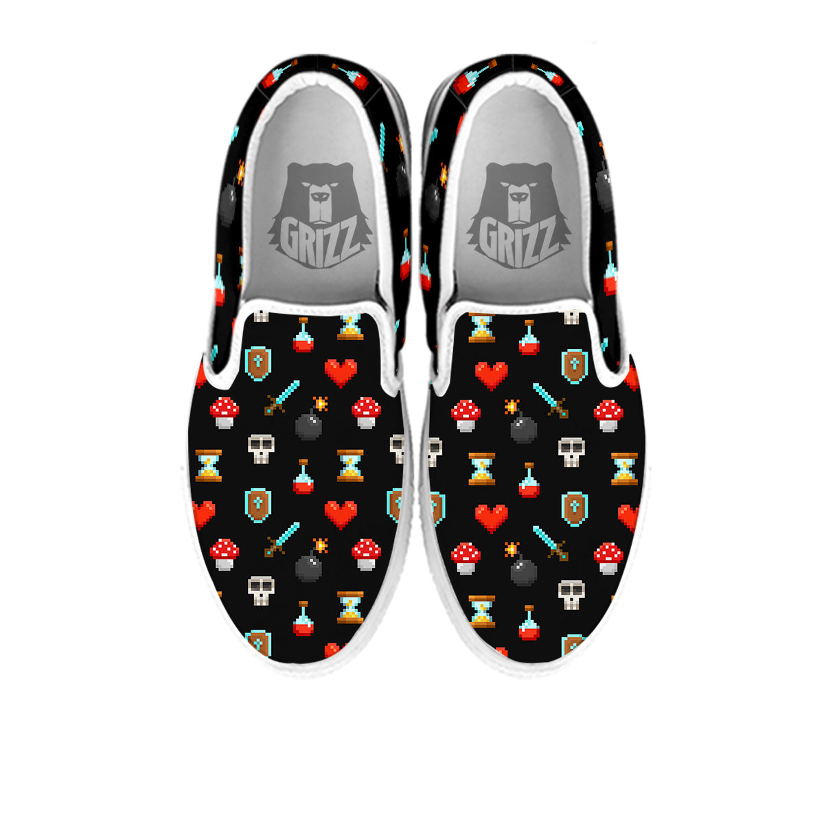 Pixel Graphics Game Icons Print Pattern White Slip On Shoes-grizzshop
