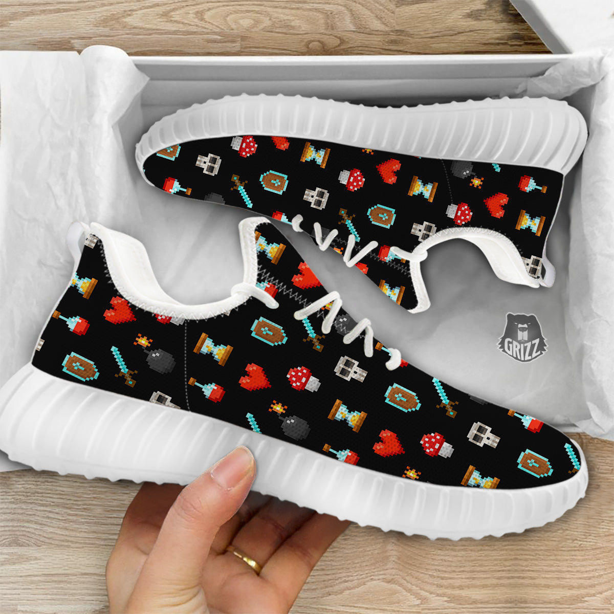Pixel Graphics Game Icons Print Pattern White Walking Shoes-grizzshop