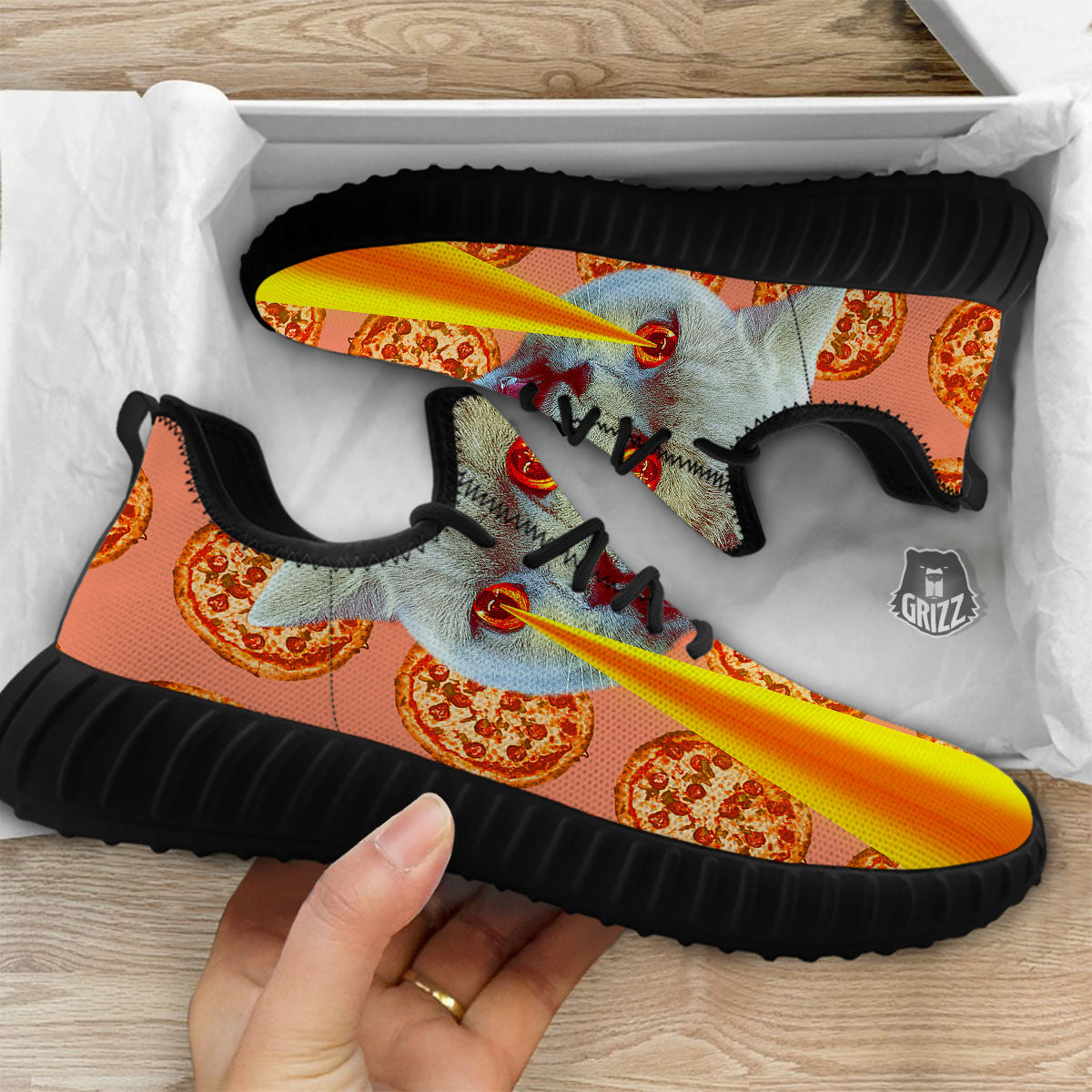Pizza And Cat Print Black Walking Shoes-grizzshop