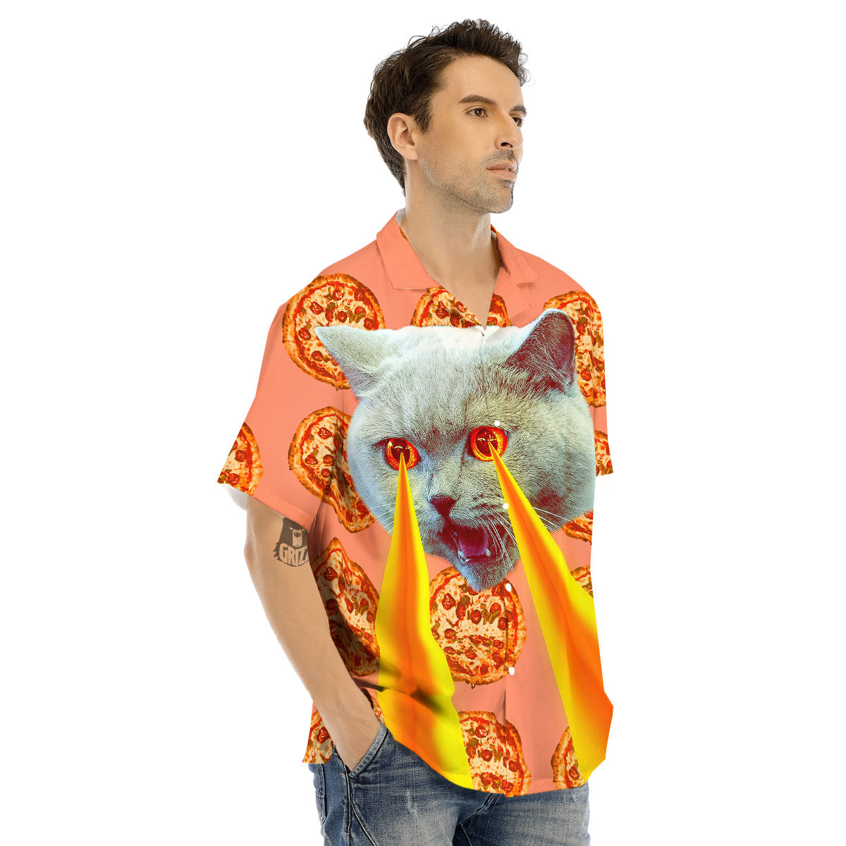 Pizza And Cat Print Men's Hawaiian Shirt-grizzshop