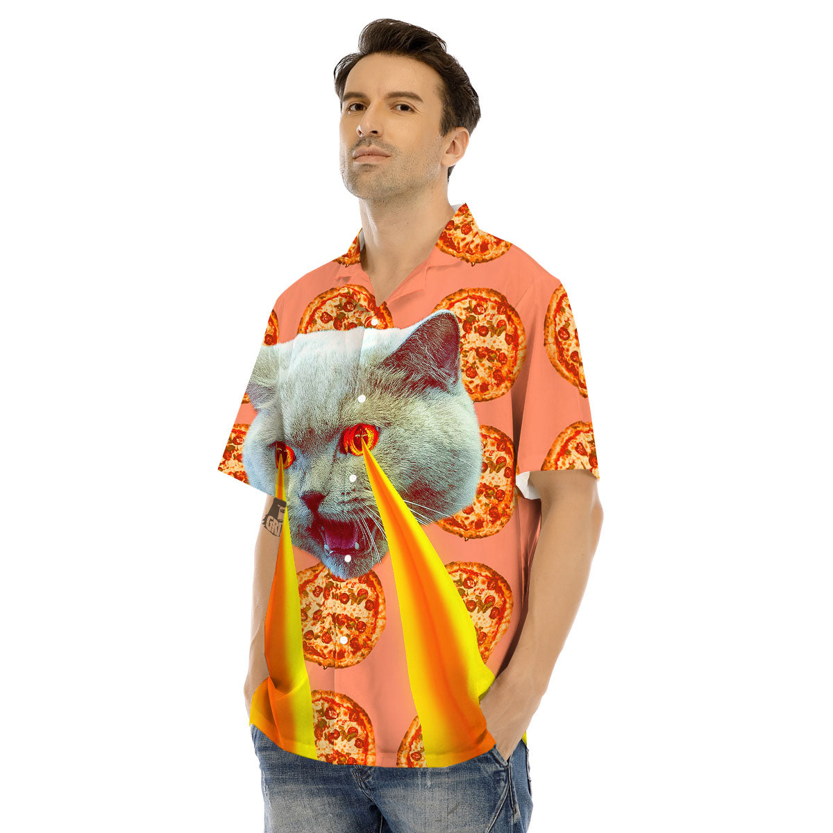 Pizza And Cat Print Men's Hawaiian Shirt-grizzshop