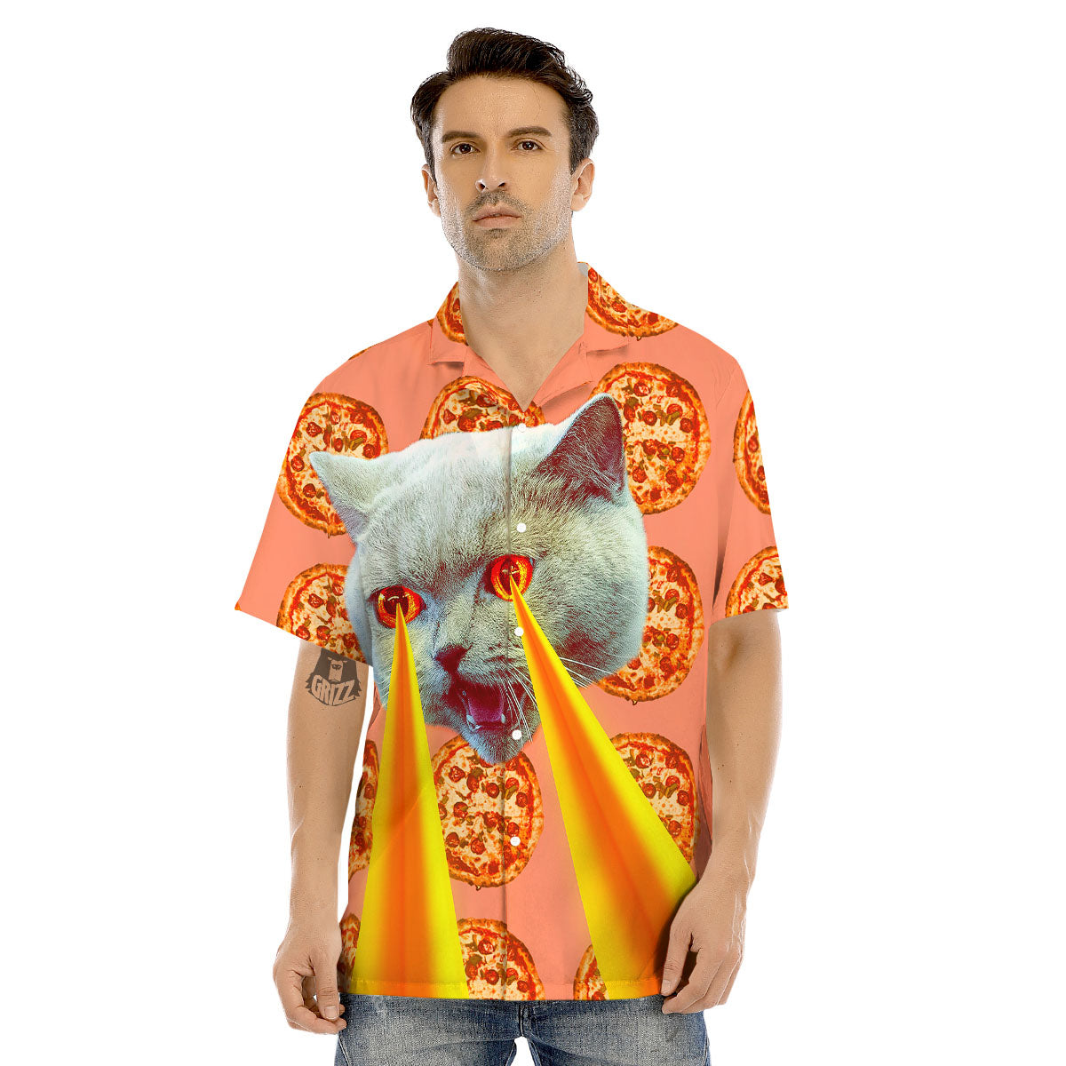 Pizza And Cat Print Men's Hawaiian Shirt-grizzshop