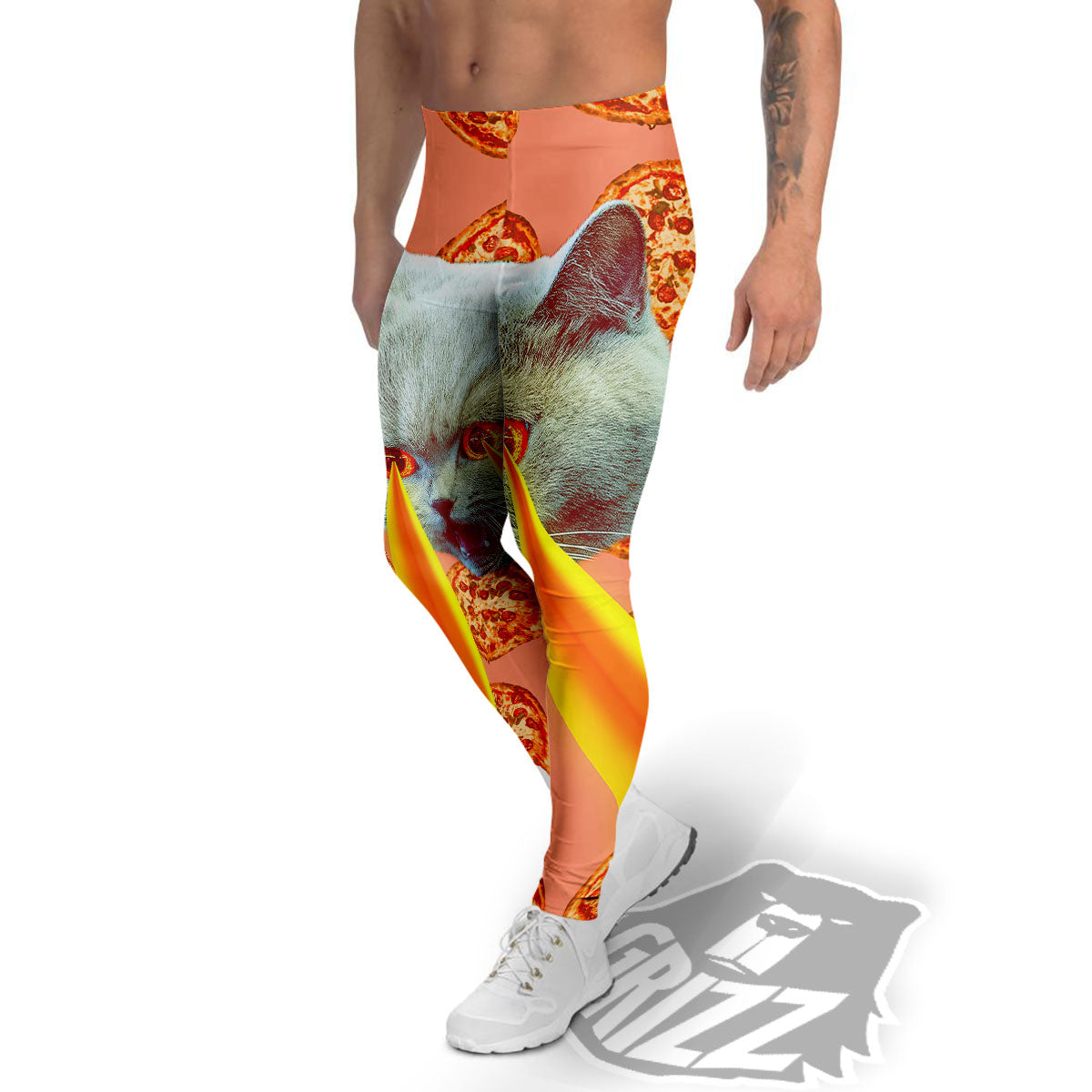 Pizza And Cat Print Men's Leggings-grizzshop