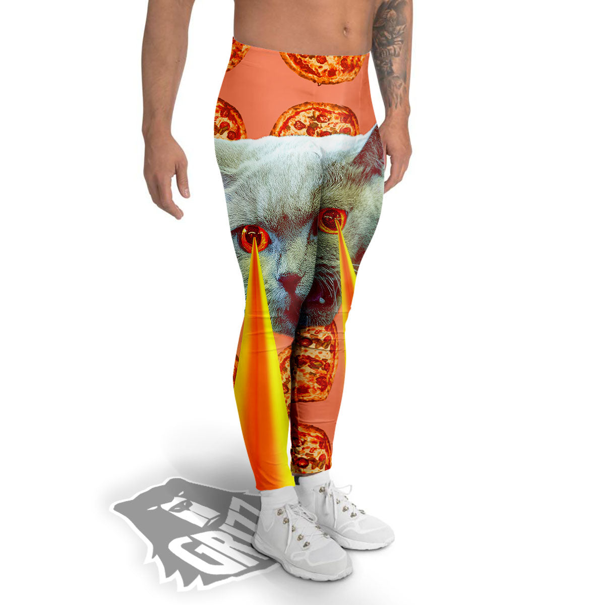 Pizza And Cat Print Men's Leggings-grizzshop