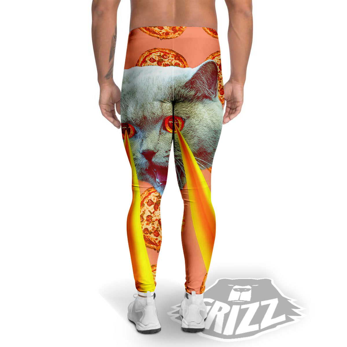 Pizza And Cat Print Men's Leggings-grizzshop