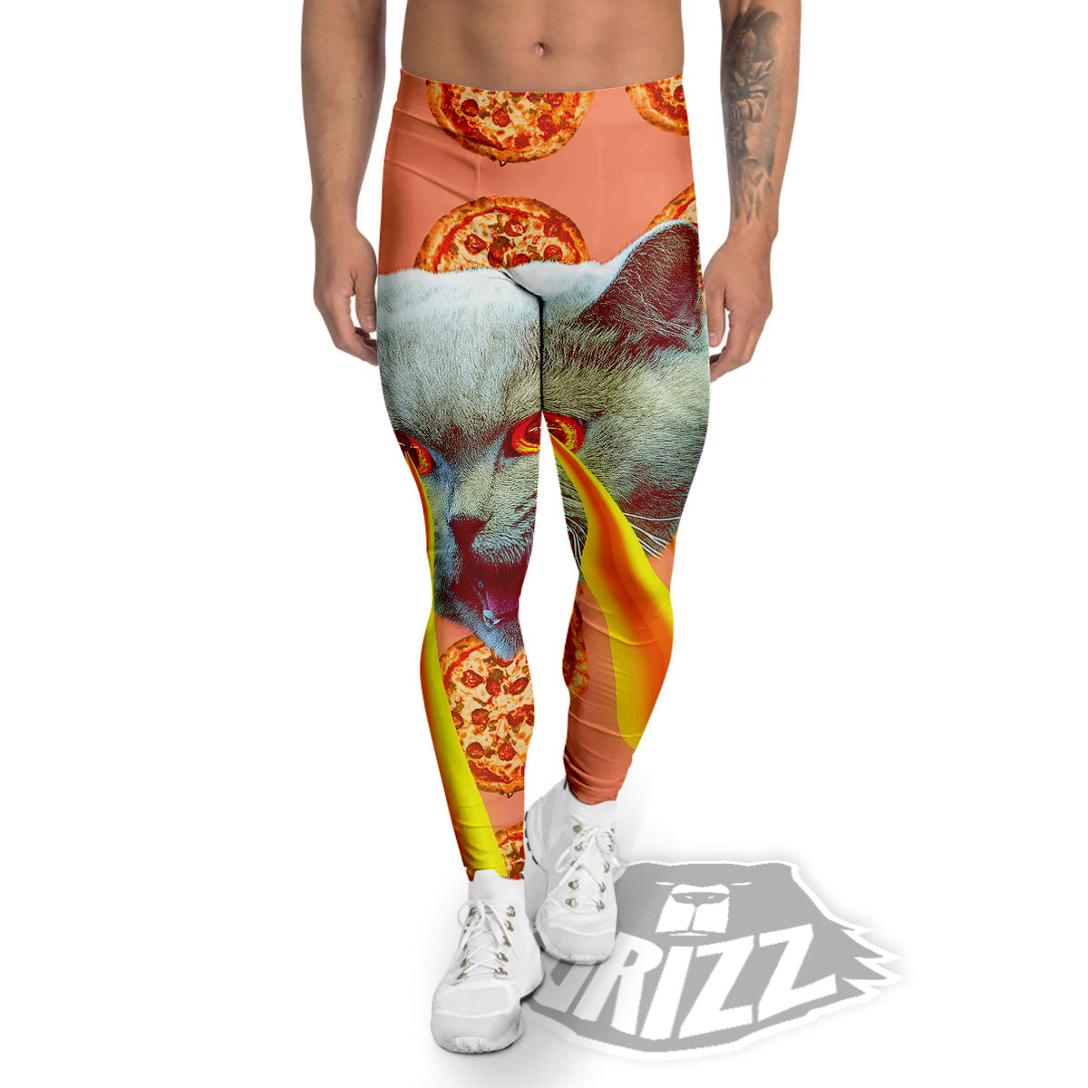 Pizza And Cat Print Men's Leggings-grizzshop