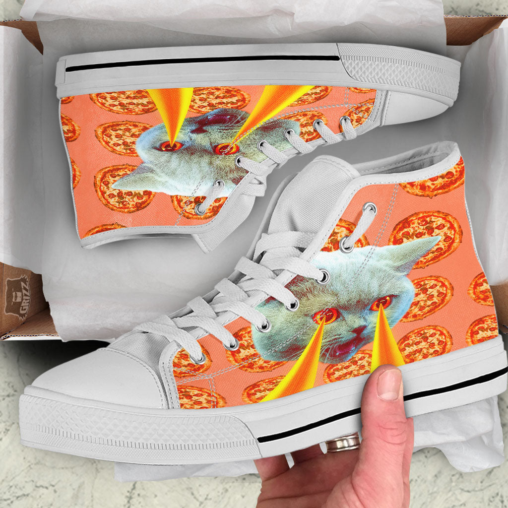 Pizza And Cat Print White High Top Shoes-grizzshop