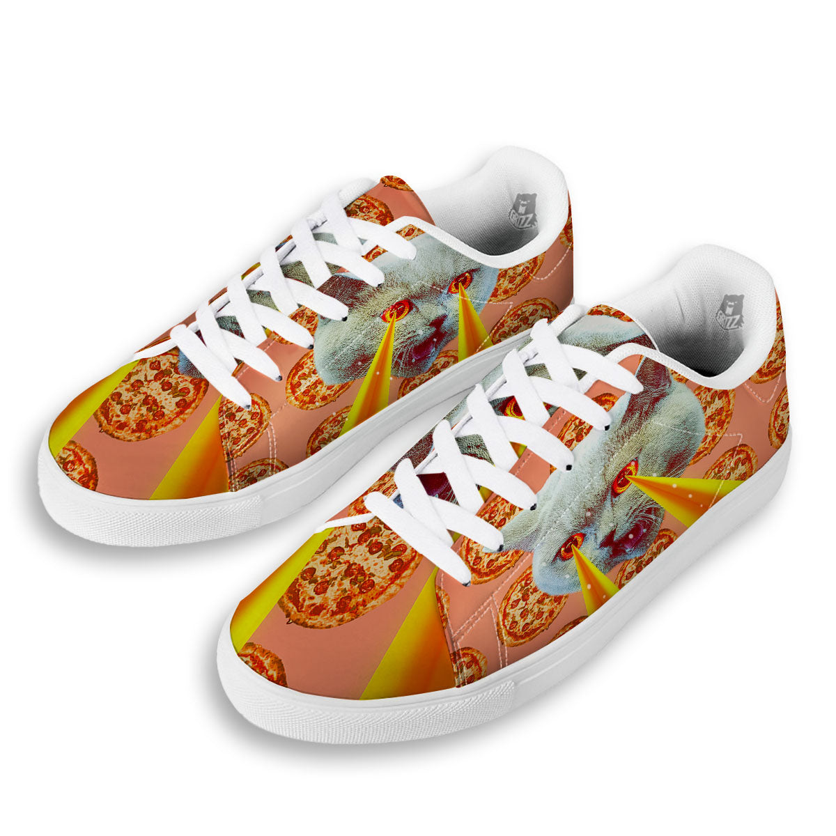 Pizza And Cat Print White Low Top Sneakers-grizzshop