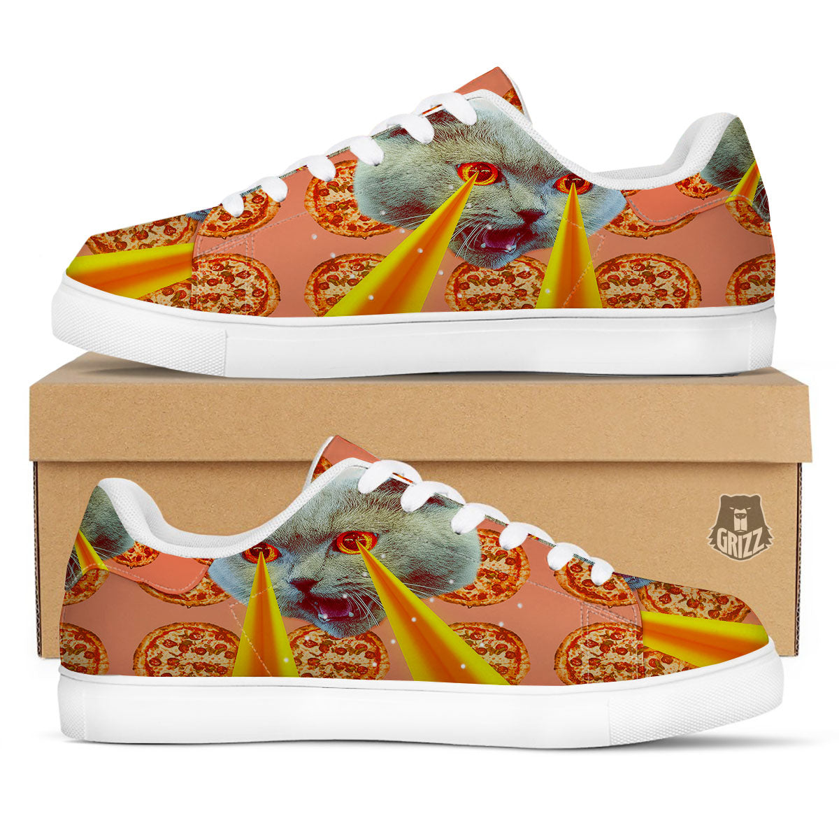 Pizza And Cat Print White Low Top Sneakers-grizzshop