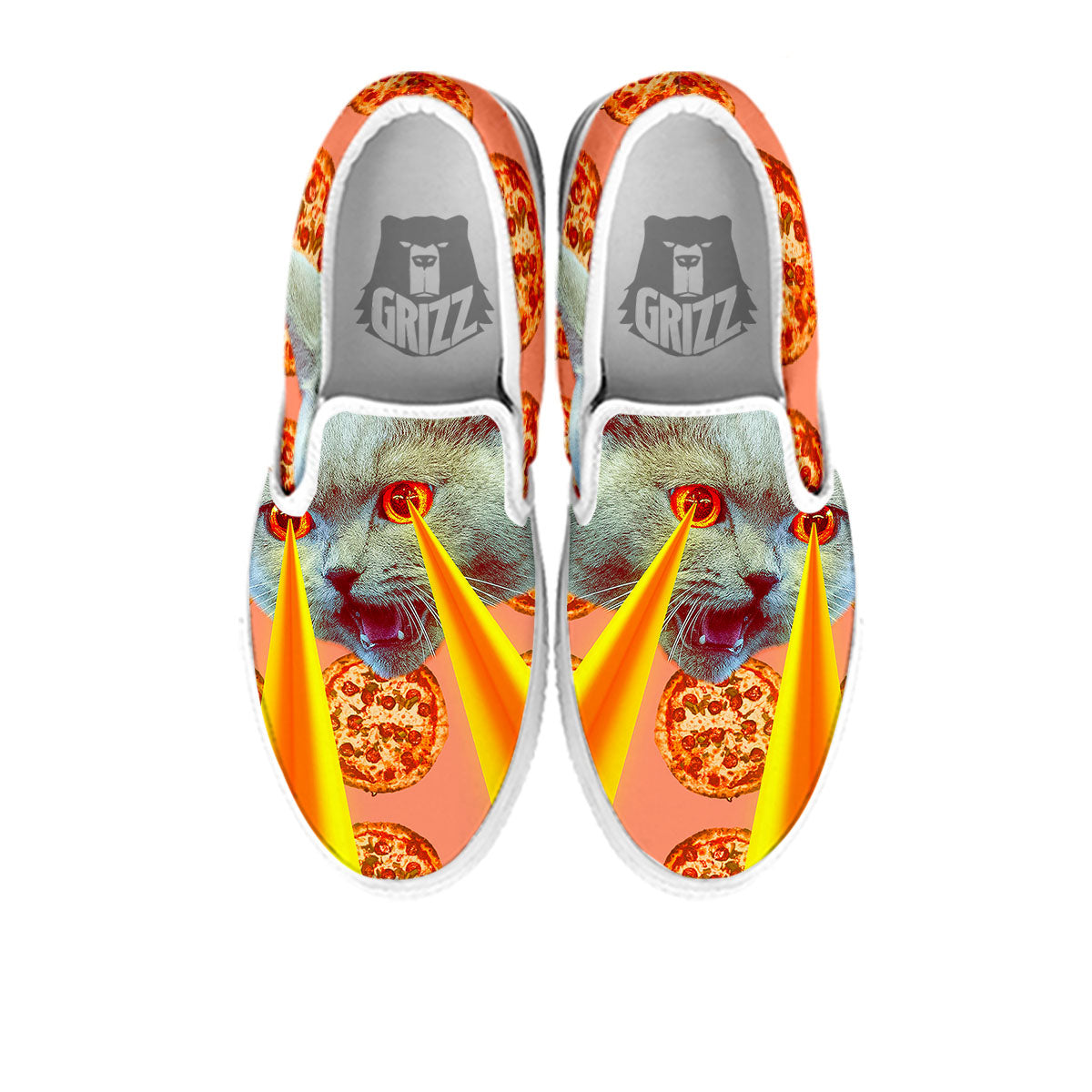Pizza And Cat Print White Slip On Shoes-grizzshop