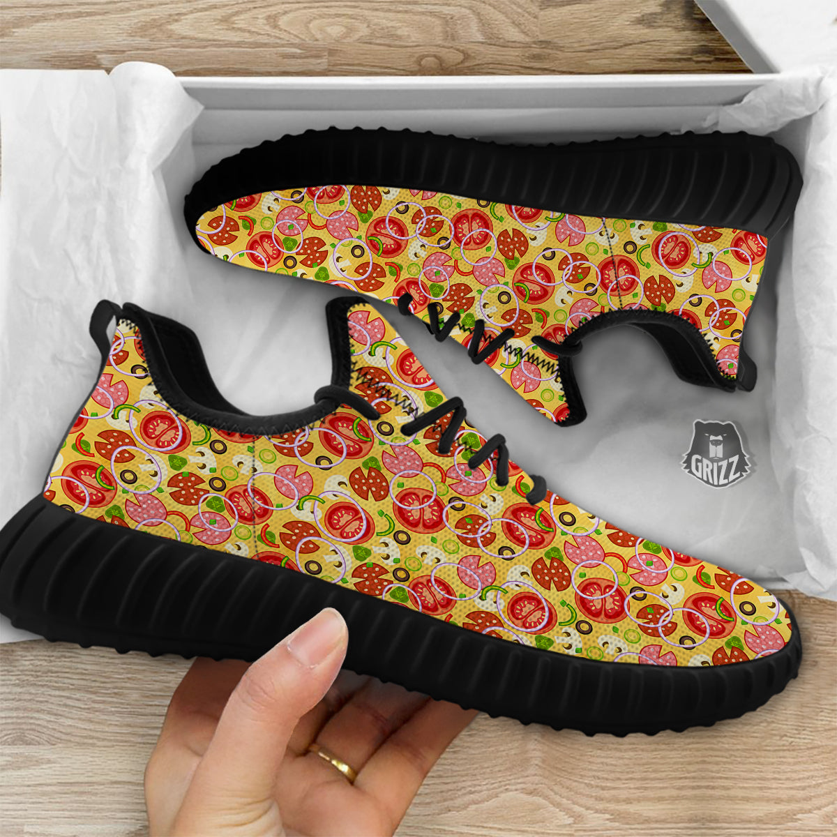 Pizza And Different Ingredients Print Pattern Black Walking Shoes-grizzshop