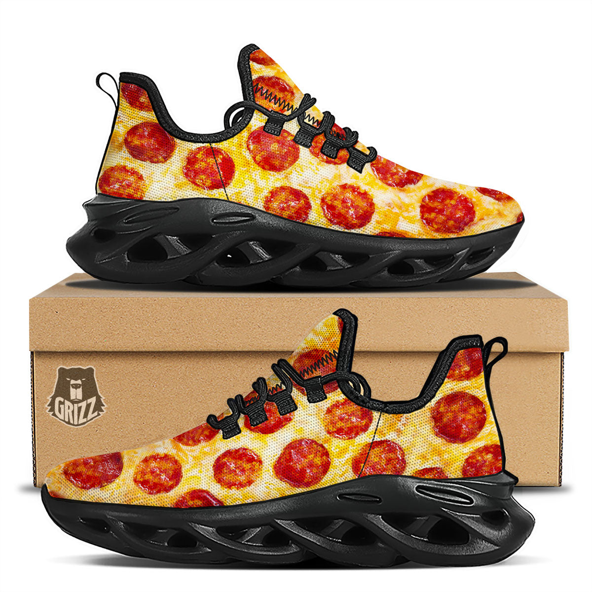 Pizza Pepperoni Print Black Running Shoes-grizzshop