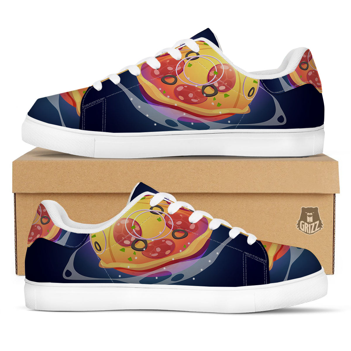 Pizza Planet Print White Low Top Sneakers-grizzshop