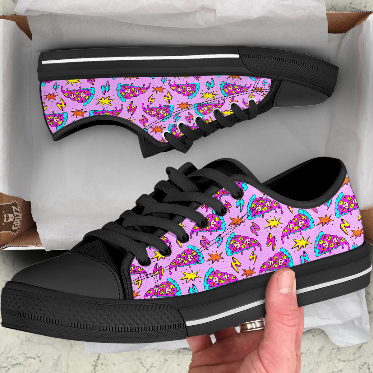 Pizza Psychedelic Print Pattern Black Low Top Shoes-grizzshop
