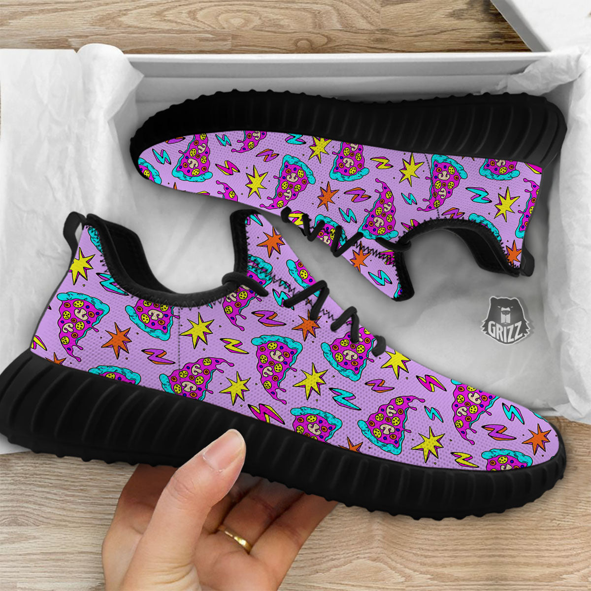 Pizza Psychedelic Print Pattern Black Walking Shoes-grizzshop