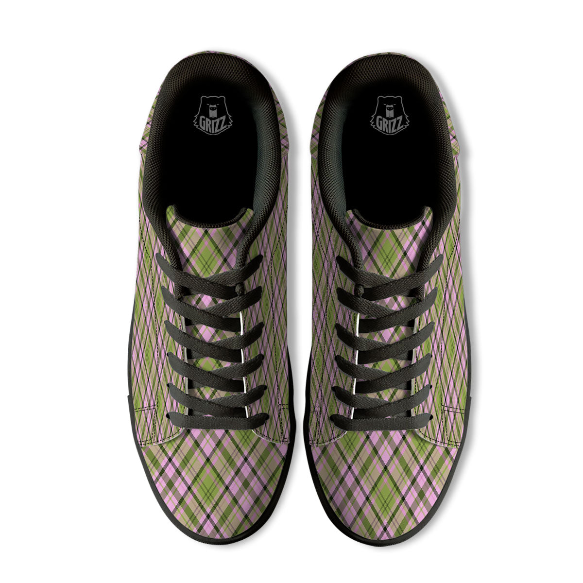 Plaid Green And Pink Print Pattern Black Low Top Sneakers-grizzshop