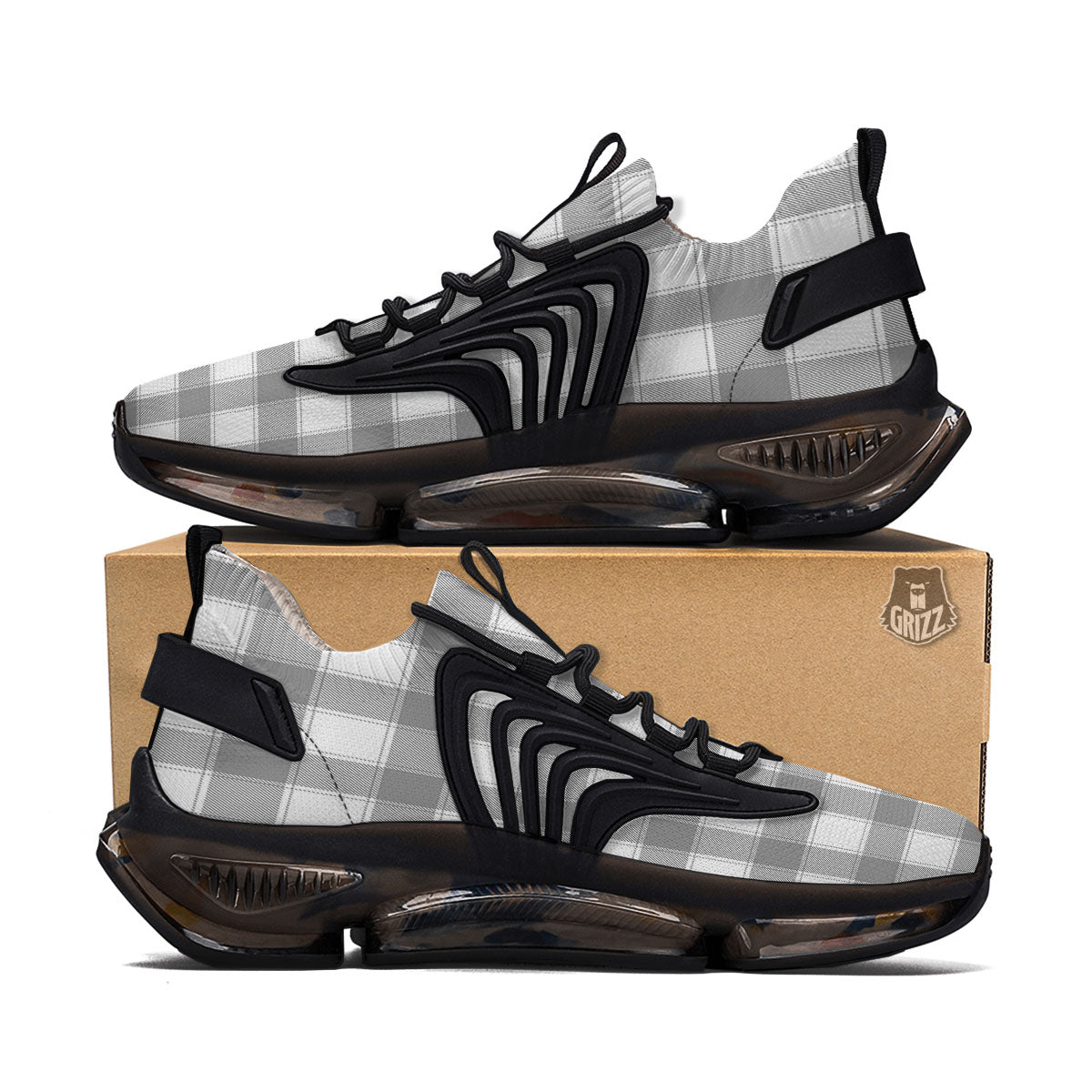 Plaid Grey And White Print Pattern Black Gym Shoes-grizzshop