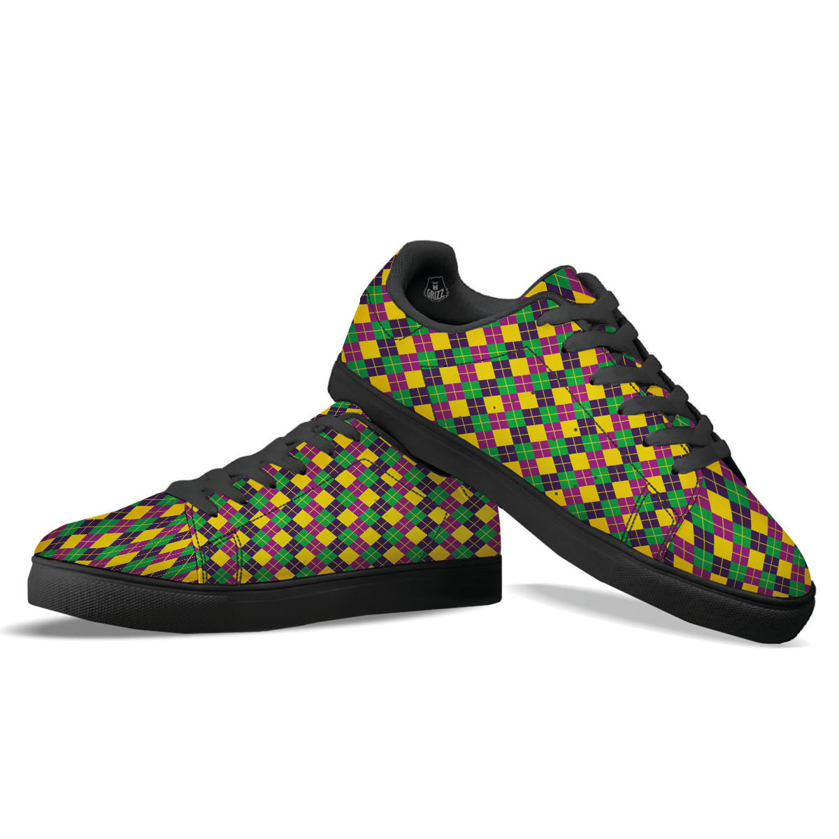 Plaid Mardi Gras Print Pattern Black Low Top Sneakers-grizzshop