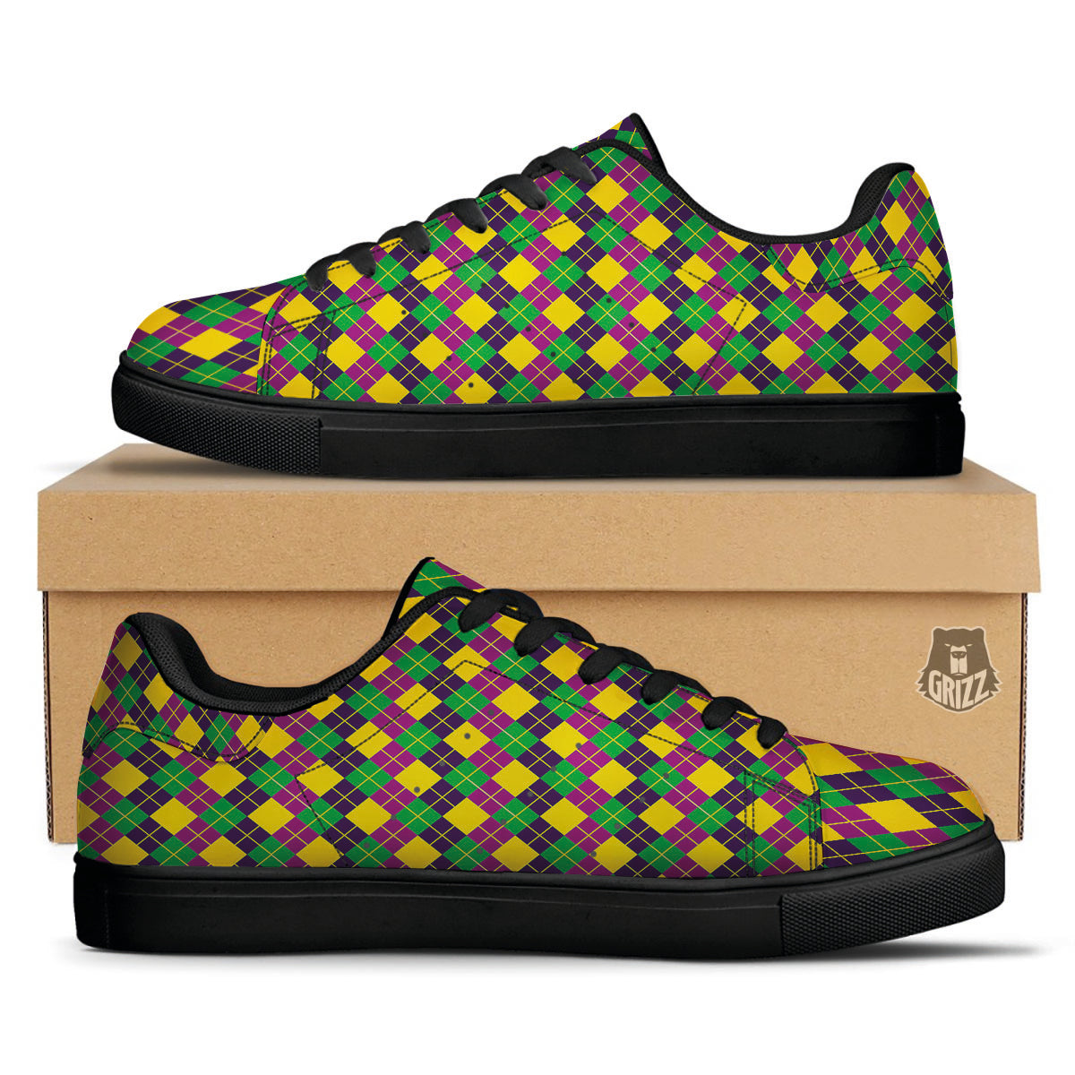 Plaid Mardi Gras Print Pattern Black Low Top Sneakers-grizzshop