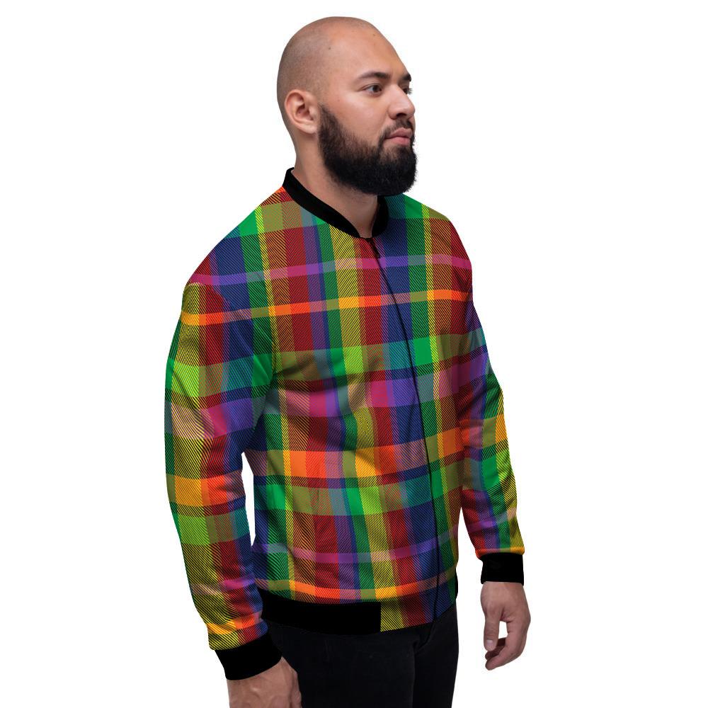 Plaid Rainbow Print Pattern Men's Bomber Jacket-grizzshop
