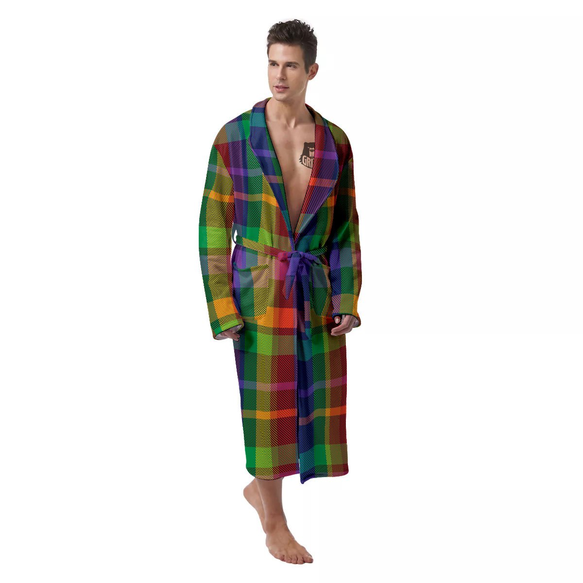 Plaid Rainbow Print Pattern Men's Robe-grizzshop