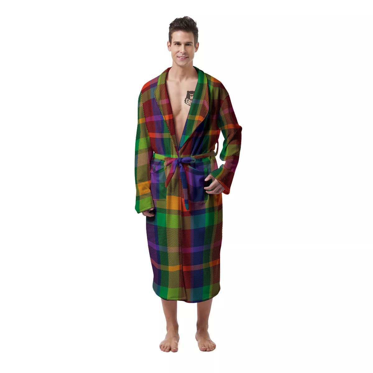 Plaid Rainbow Print Pattern Men's Robe-grizzshop