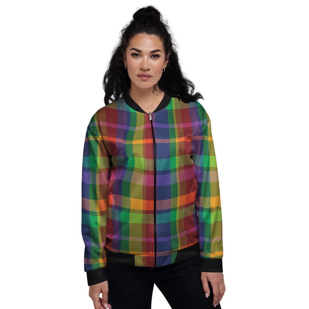 Plaid Rainbow Print Pattern Women's Bomber Jacket-grizzshop