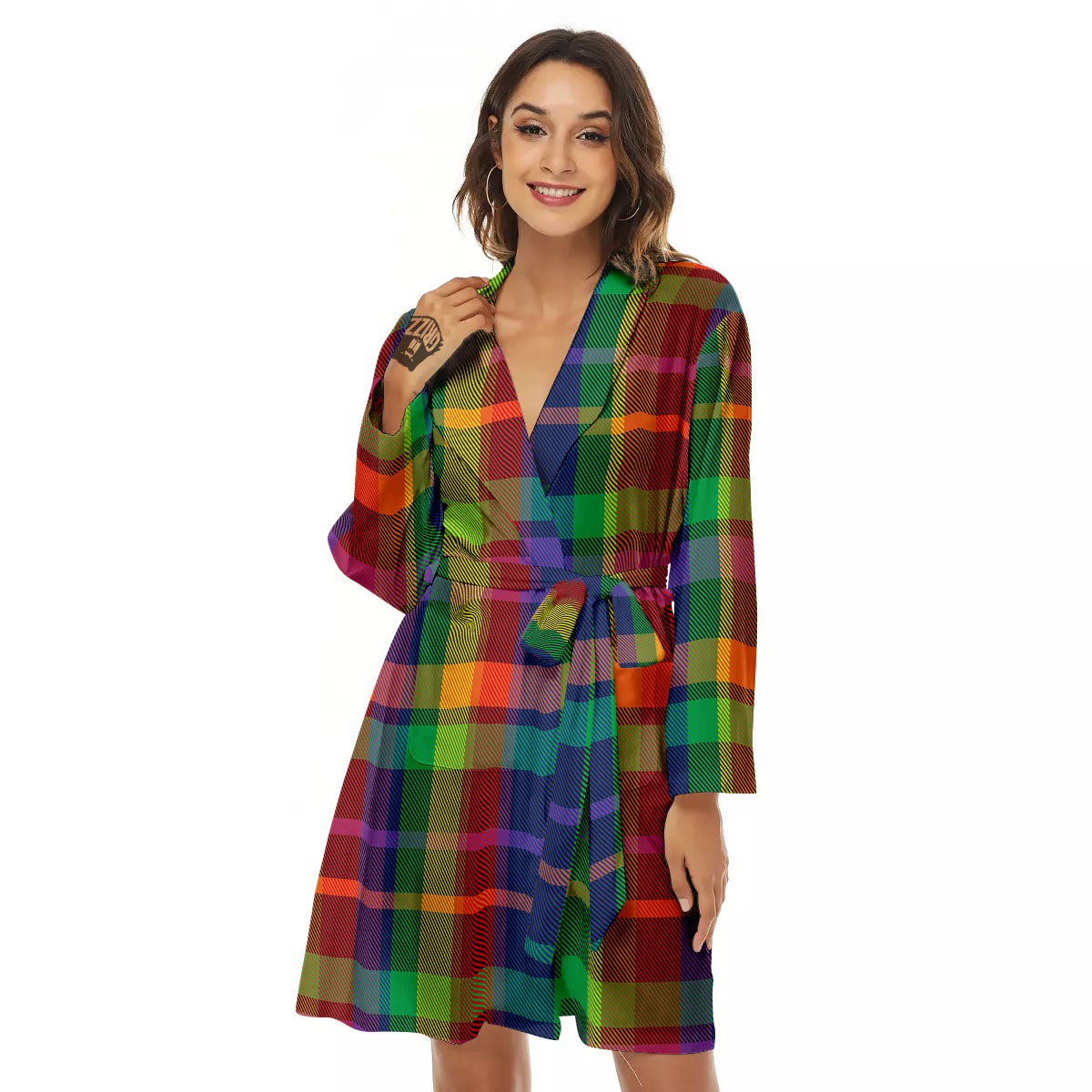 Plaid Rainbow Print Pattern Women's Robe-grizzshop