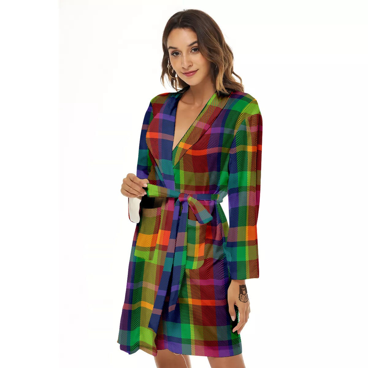 Plaid Rainbow Print Pattern Women's Robe-grizzshop