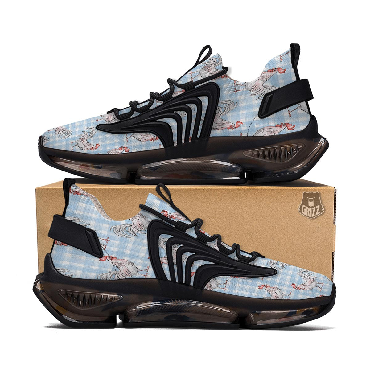Plaid Rooster Print Pattern Black Gym Shoes-grizzshop