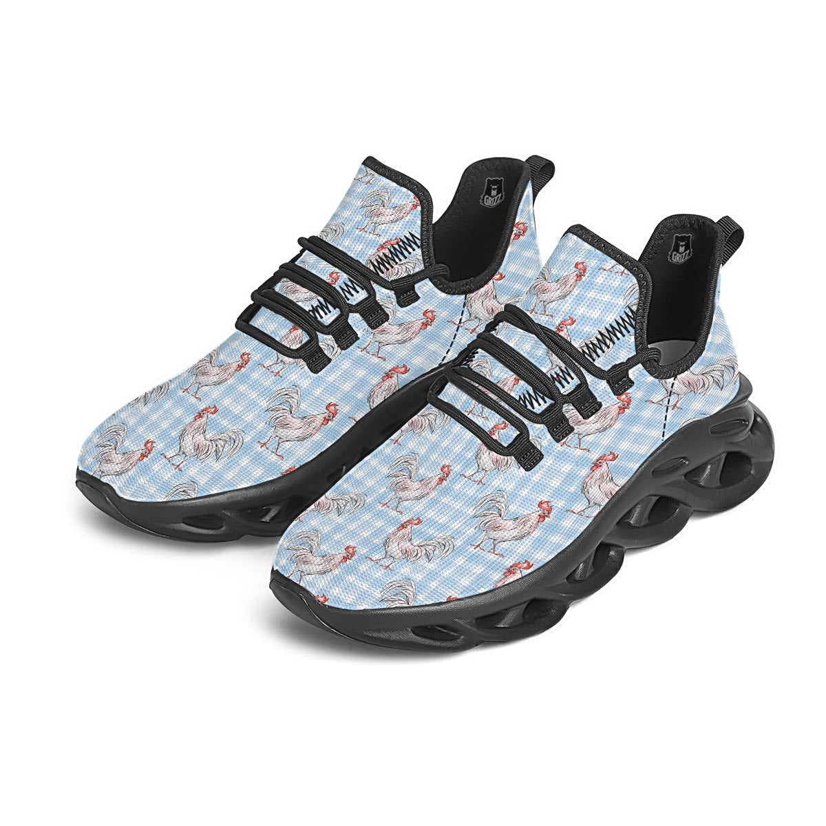 Plaid Rooster Print Pattern Black Running Shoes-grizzshop