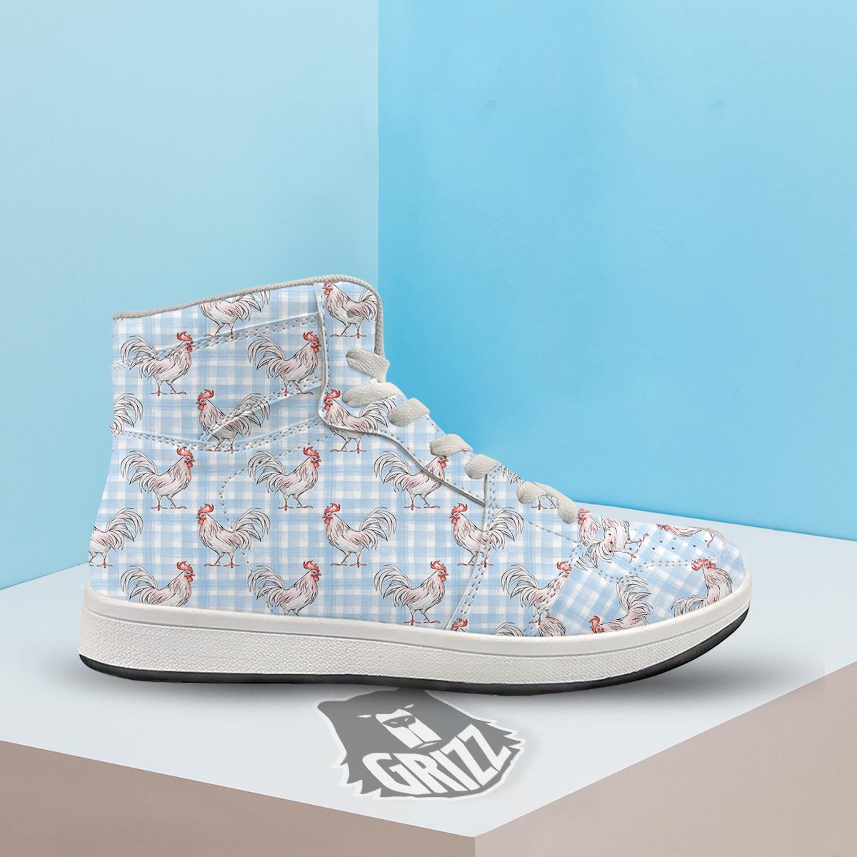Plaid Rooster Print Pattern High Top Sneakers-grizzshop