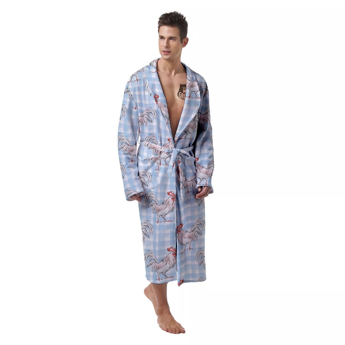 Plaid Rooster Print Pattern Men's Robe-grizzshop