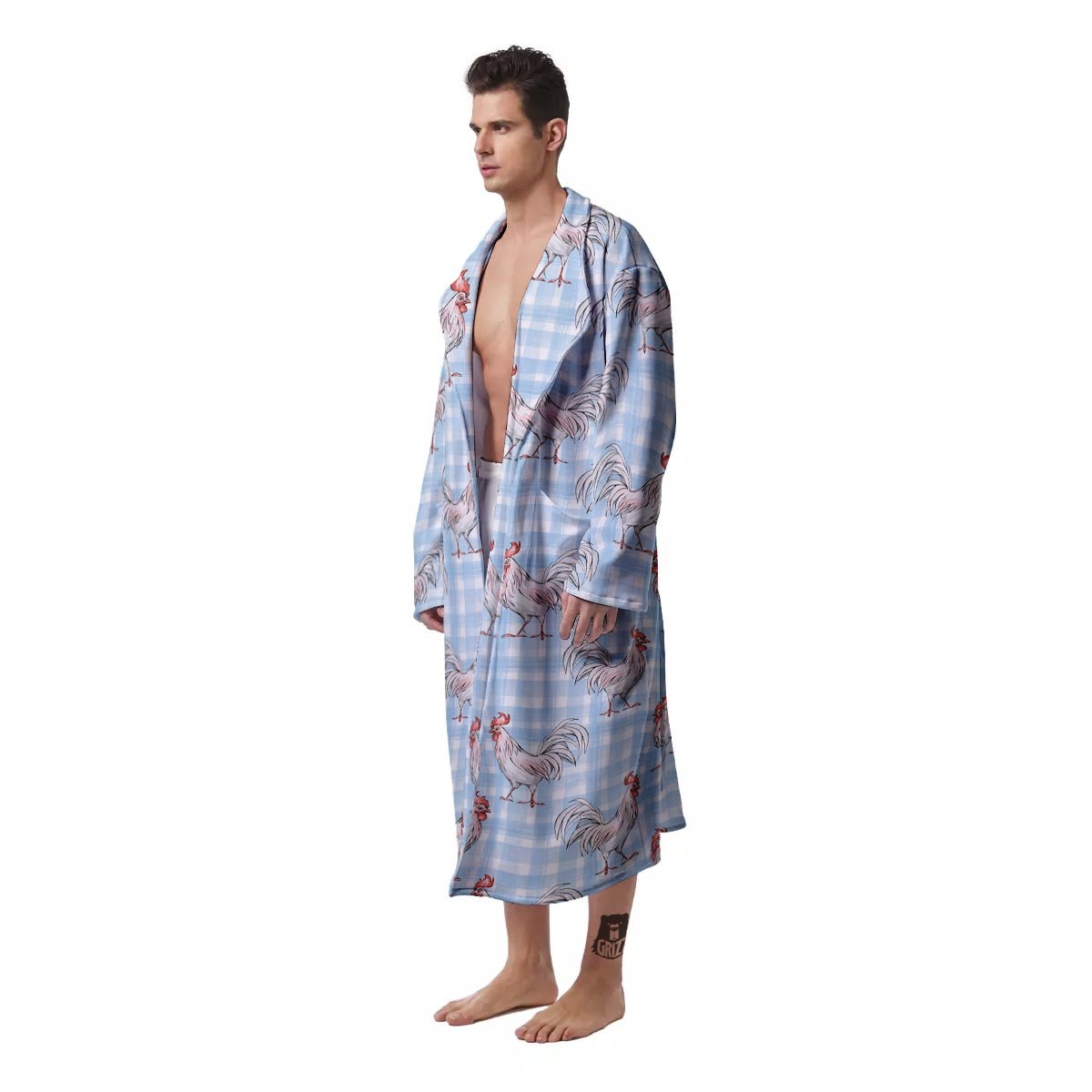 Plaid Rooster Print Pattern Men's Robe-grizzshop