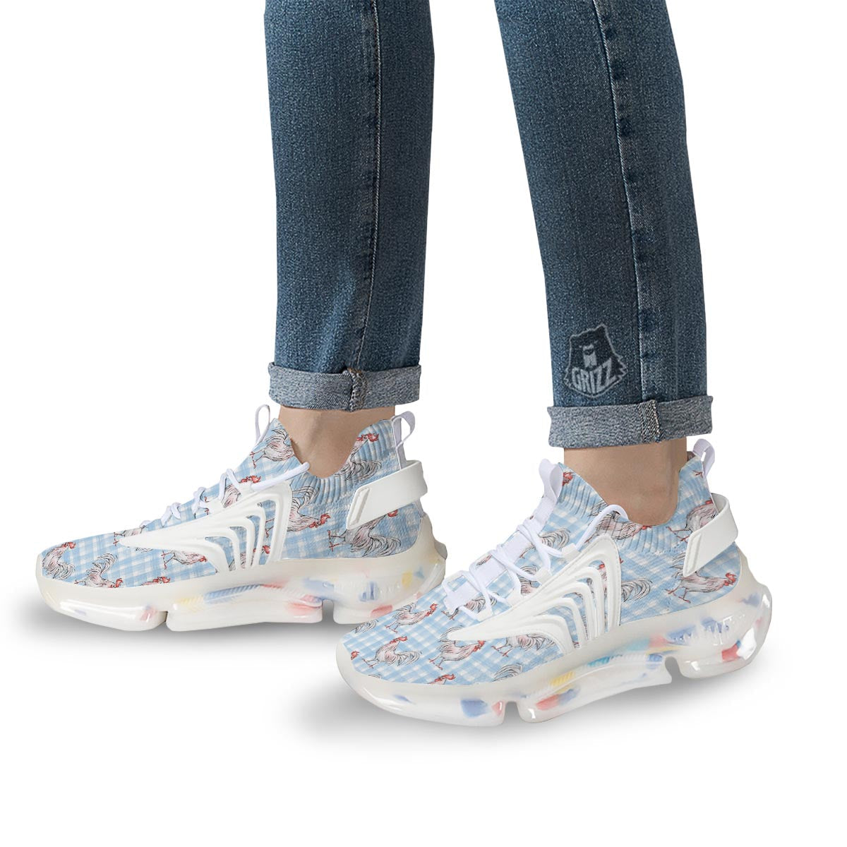 Plaid Rooster Print Pattern White Gym Shoes-grizzshop