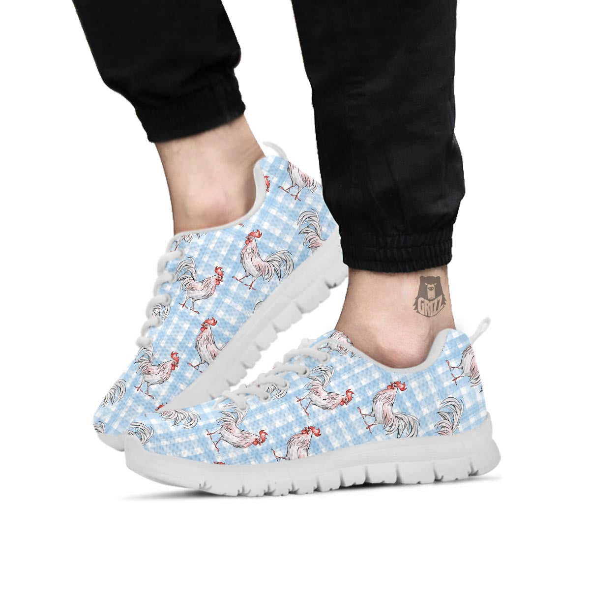 Plaid Rooster Print Pattern White Sneaker-grizzshop
