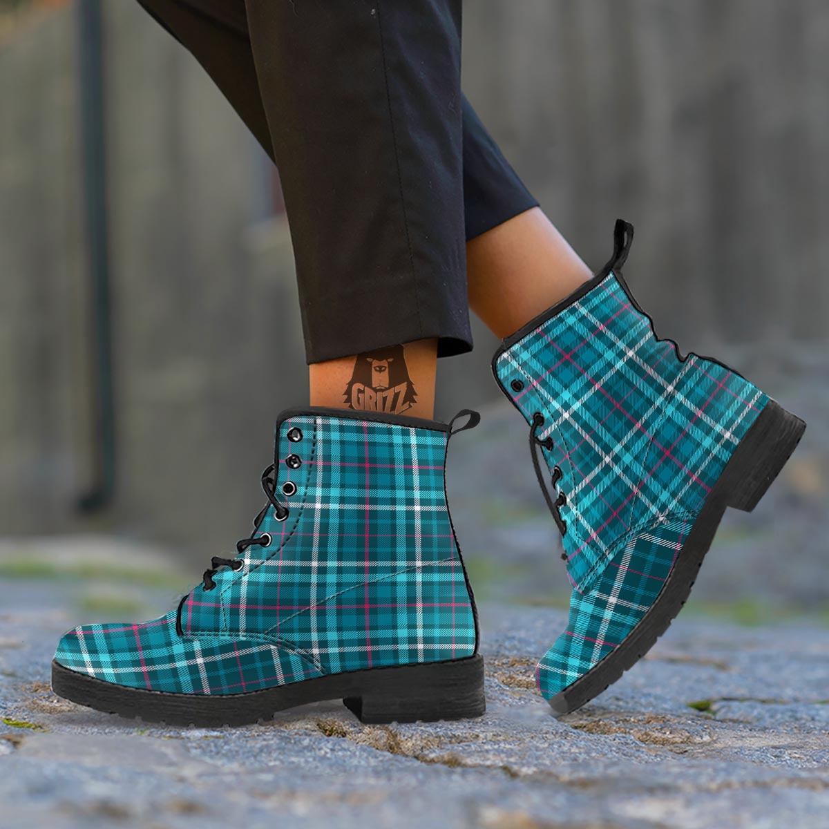 Plaid Teal Print Pattern Leather Boots-grizzshop